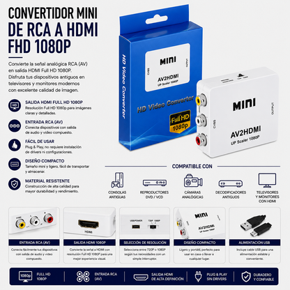 Convertidor Mini RCA (AV) a HDMI Full HD 1080P