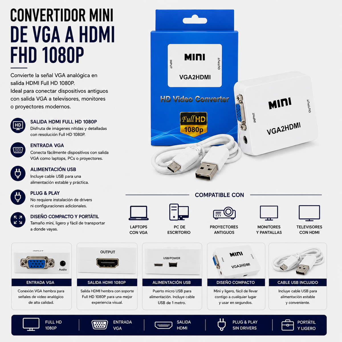 Convertidor Mini VGA a HDMI Full HD 1080P