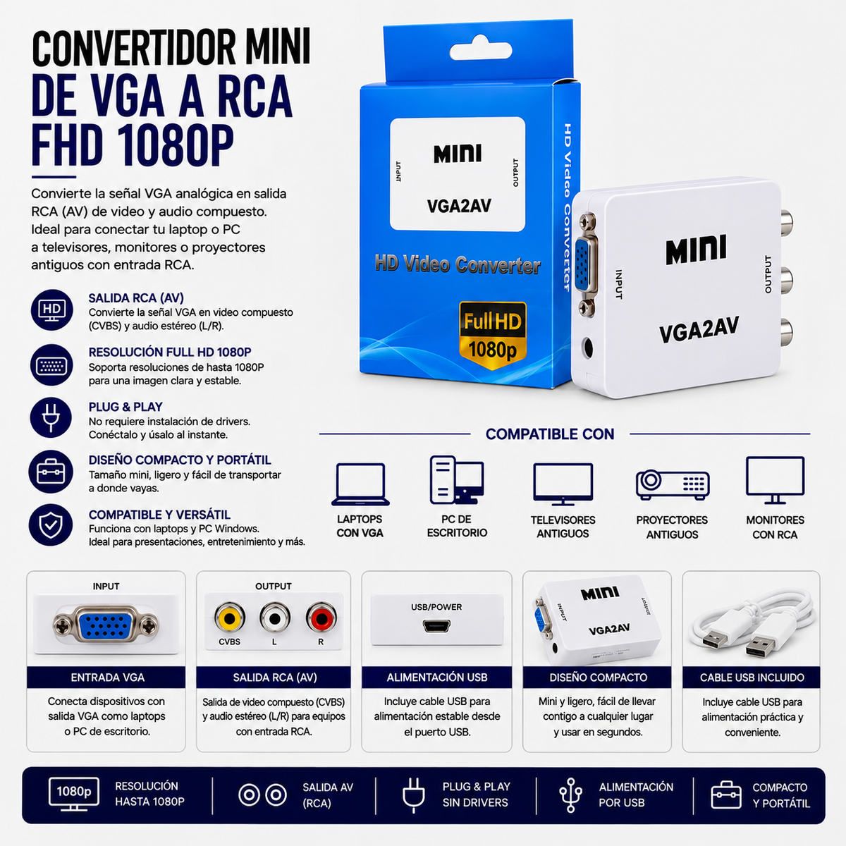 Convertidor Mini VGA a RCA Full HD 1080P