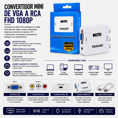 Convertidor Mini VGA a RCA Full HD 1080P