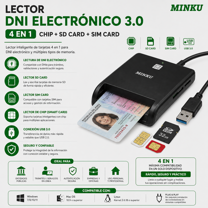 LECTOR DNI ELECTRONICO 3.0 4 EN 1 CHIP +SD CARD+SIM CARD