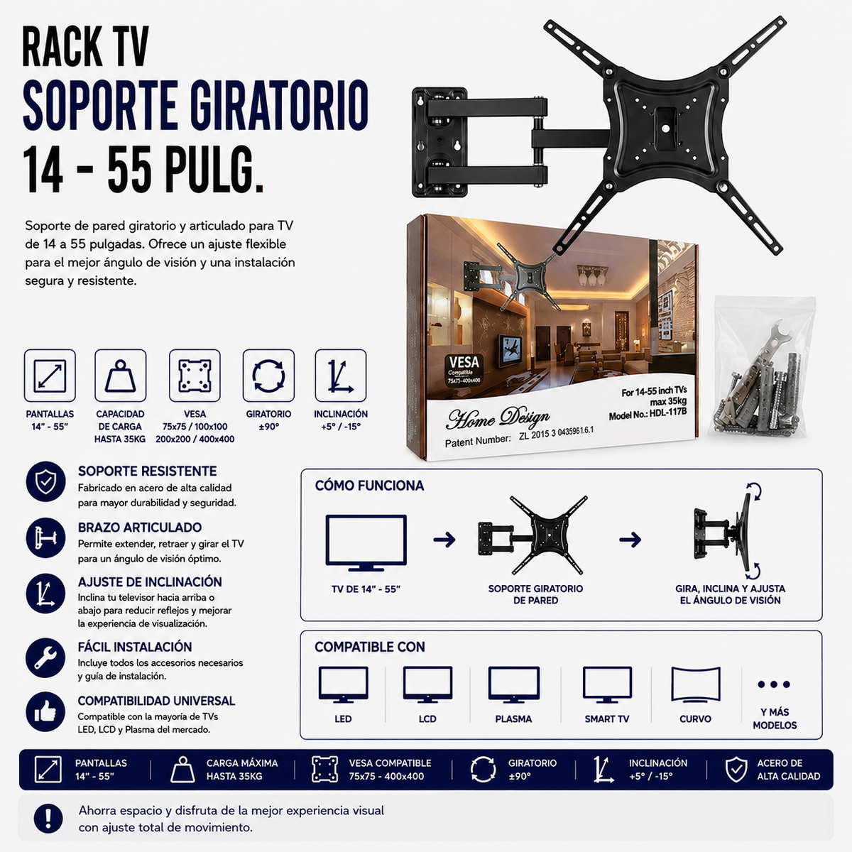 Rack TV HDL-117B Soporte Giratorio para TV de 14" a 55"