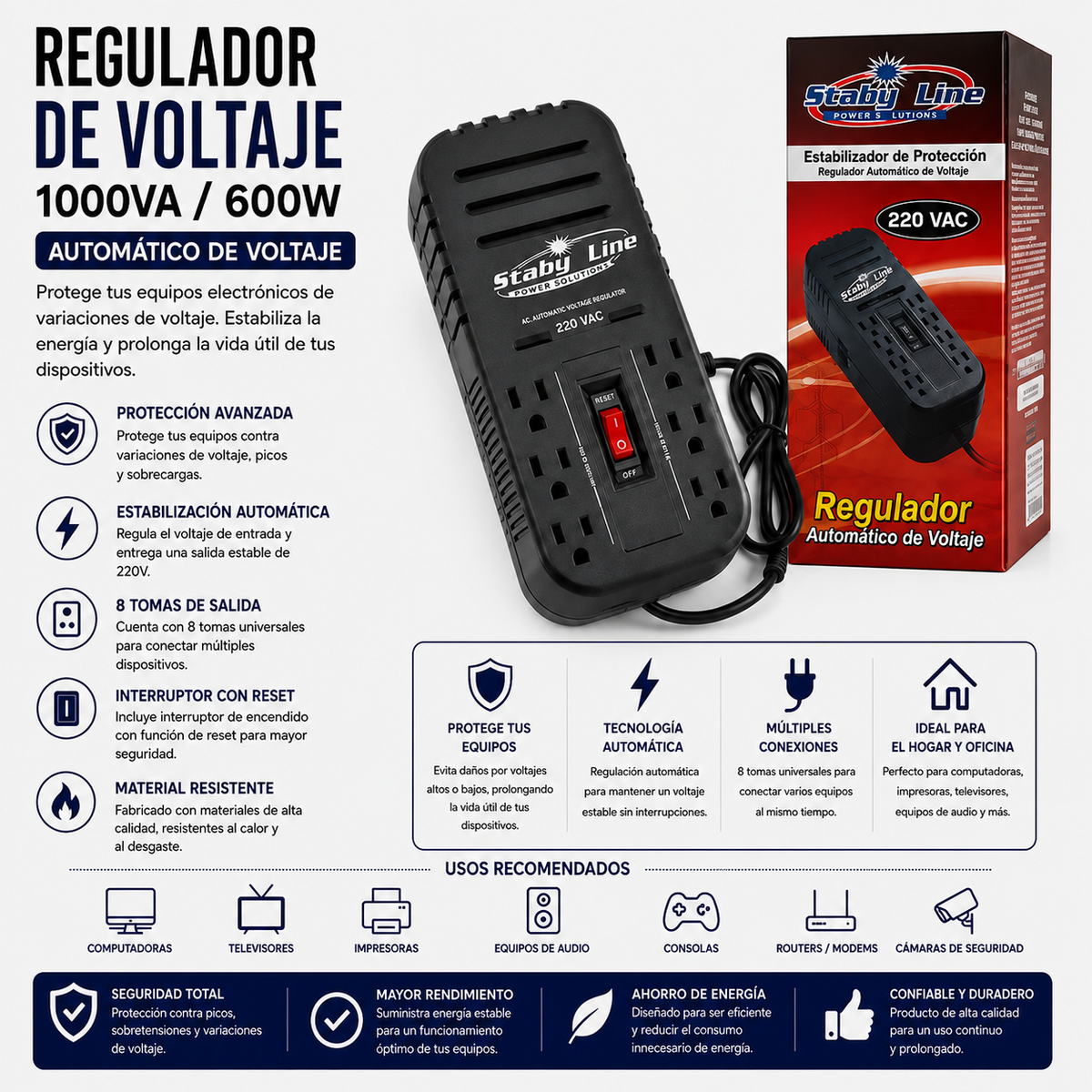 Regulador de Voltaje 1000VA / 600W – 8 Tomas – BLH-RL2