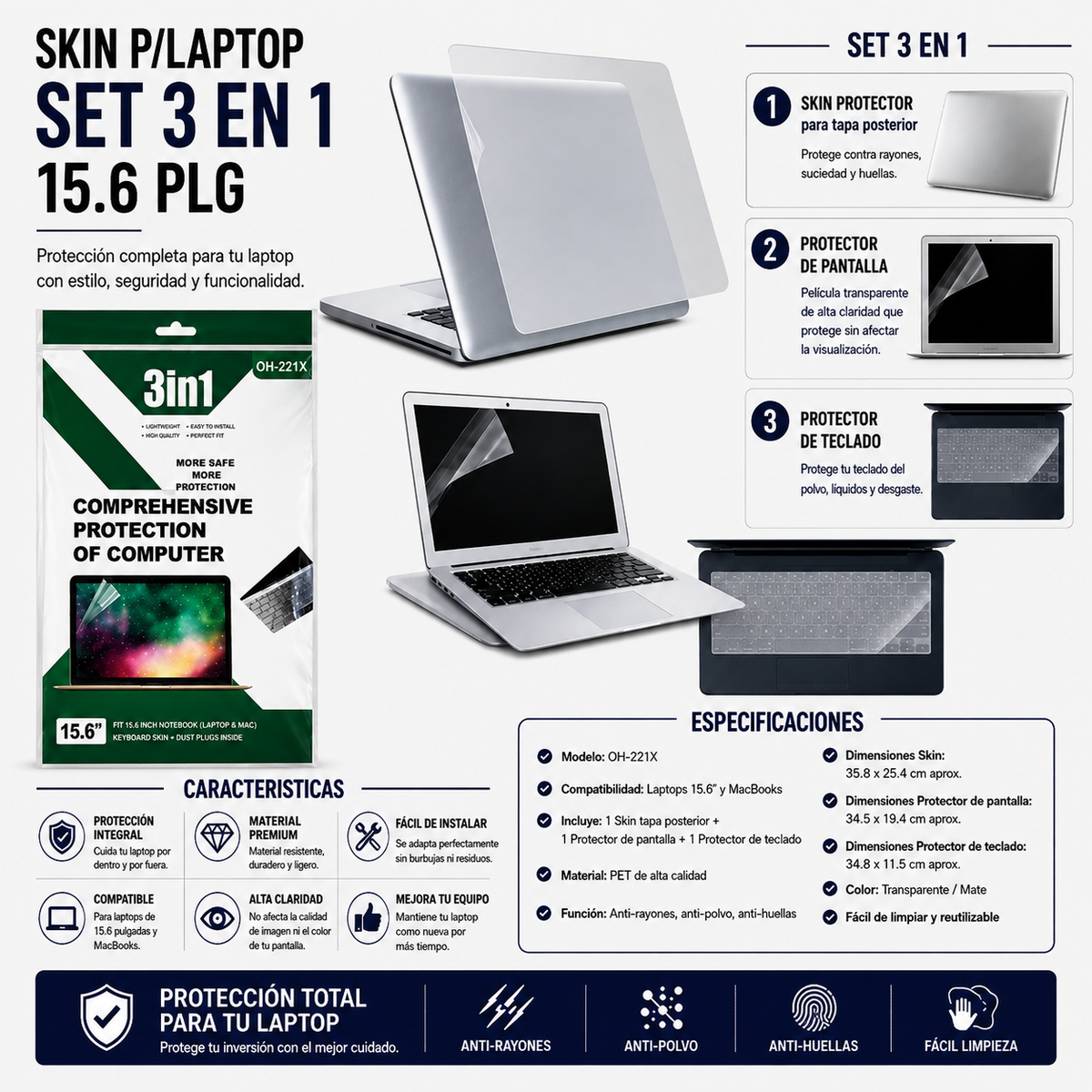 SKIN PROTECTOR PARA LAPTOP 3 en 1 – 15.6 Pulgadas