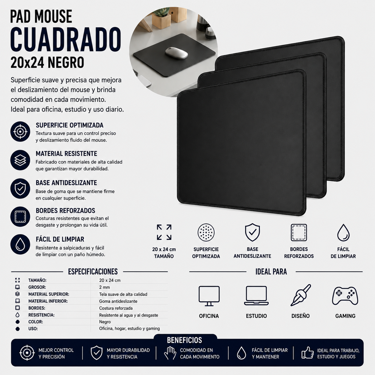 Pad Mouse Cuadrado 20 × 24 cm – Negro