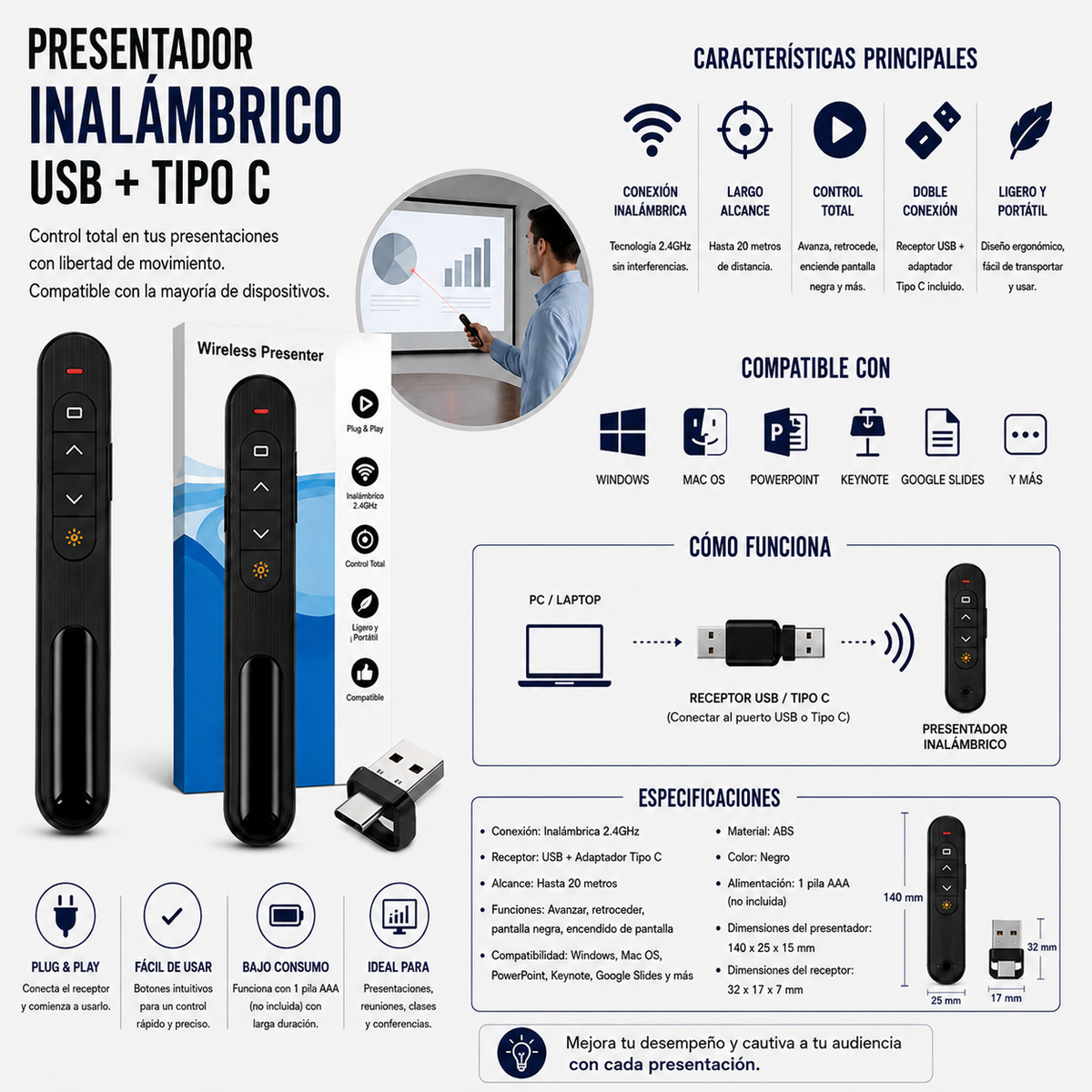 PRESENTADOR INALÁMBRICO USB + TIPO C PARA PRESENTACIONES