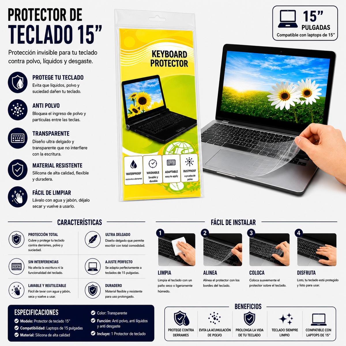 PROTECTOR DE TECLADOS PARA LAPTOPS 15 Pulgadas
