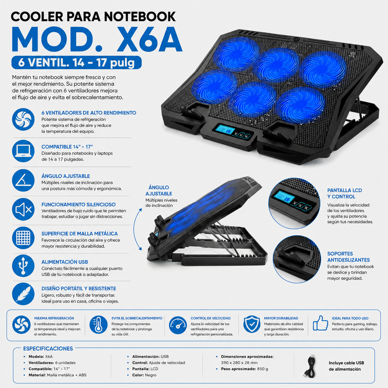 COOLER PARA NOTEBOOK MOD. X6A 6 VENTIL. 14 - 17 pulg