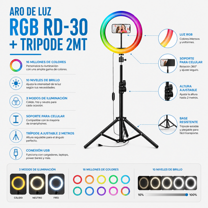 ARO DE LUZ RGB RD-30 + TRIPODE 2MT