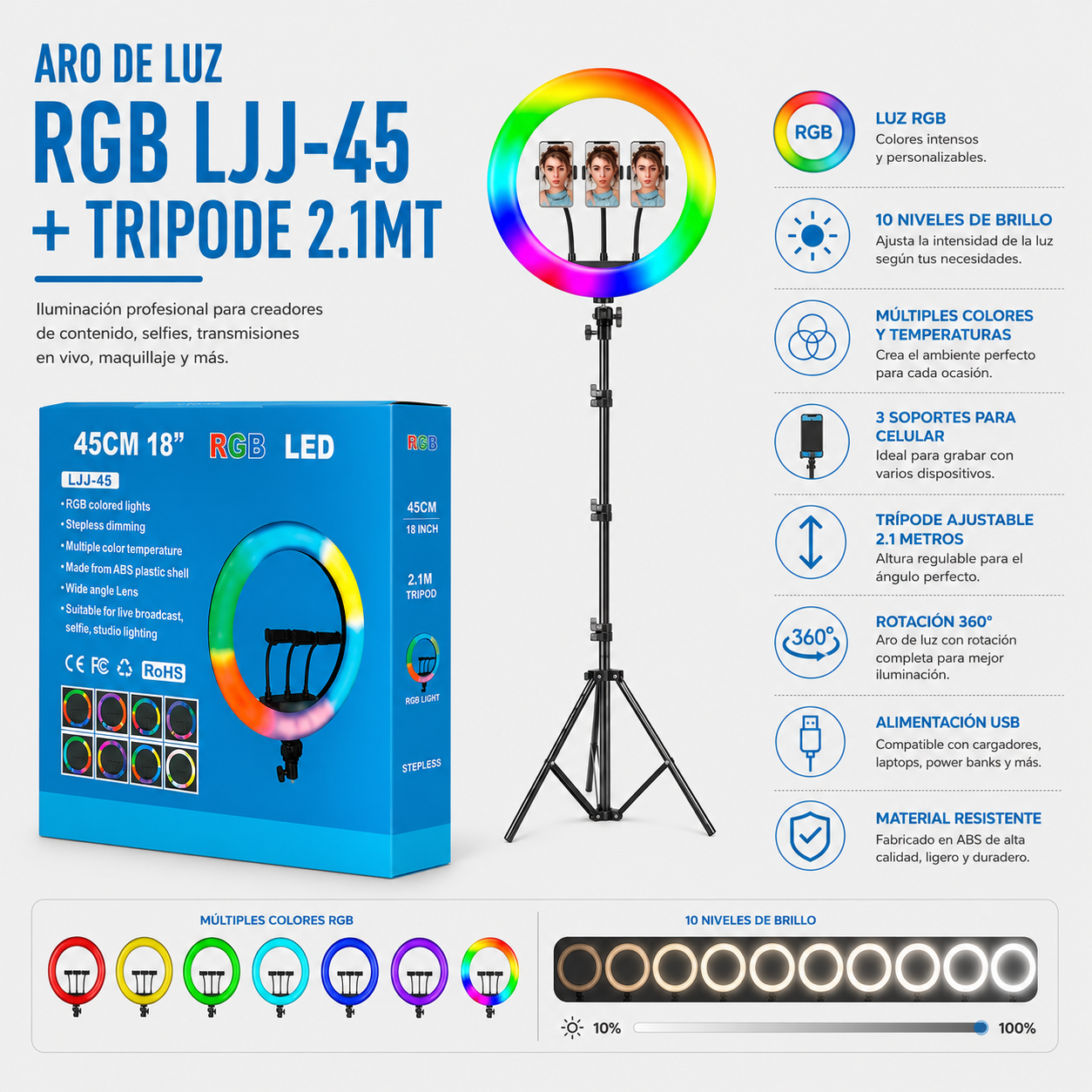 ARO DE LUZ RGB LJJ-45 + TRIPODE 2.1MT