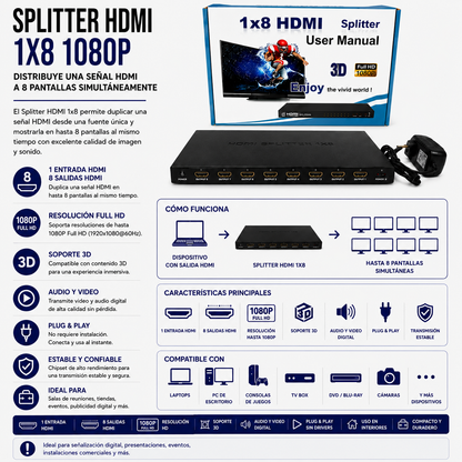 Splitter HDMI 1x8 Full HD 1080P