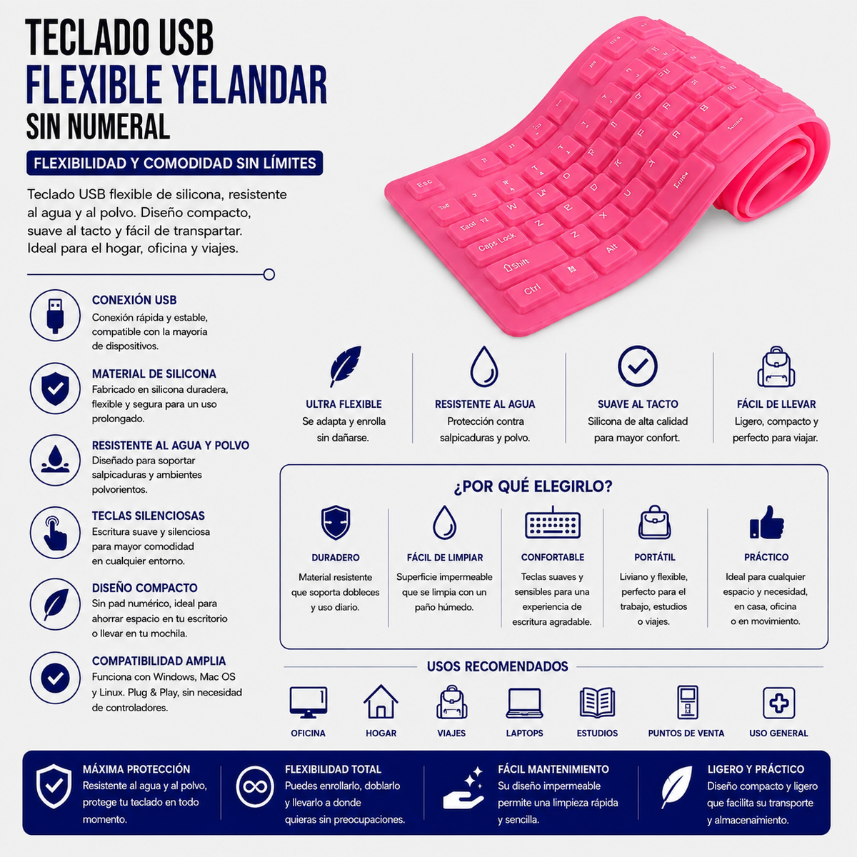 Teclado USB Flexible Yelandar GK85 – Silicona, Compacto y Resistente al Agua