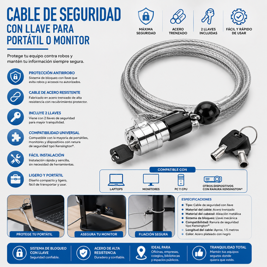 CABLE DE SEGURIDAD CON LLAVE PARA PORTATIL O MONITOR