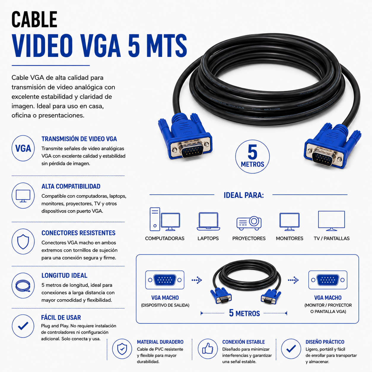 CABLE DE VIDEO VGA 5 Metros