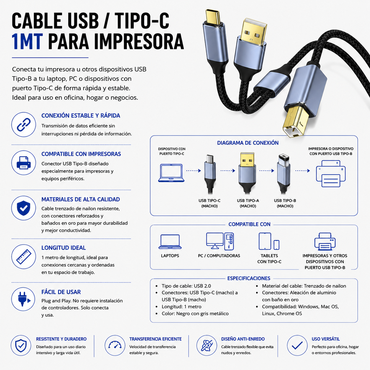 CABLE USB / Tipo-C a USB Tipo-B para Impresora 1 Metro