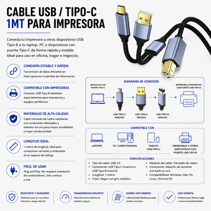 CABLE USB / Tipo-C a USB Tipo-B para Impresora 1 Metro