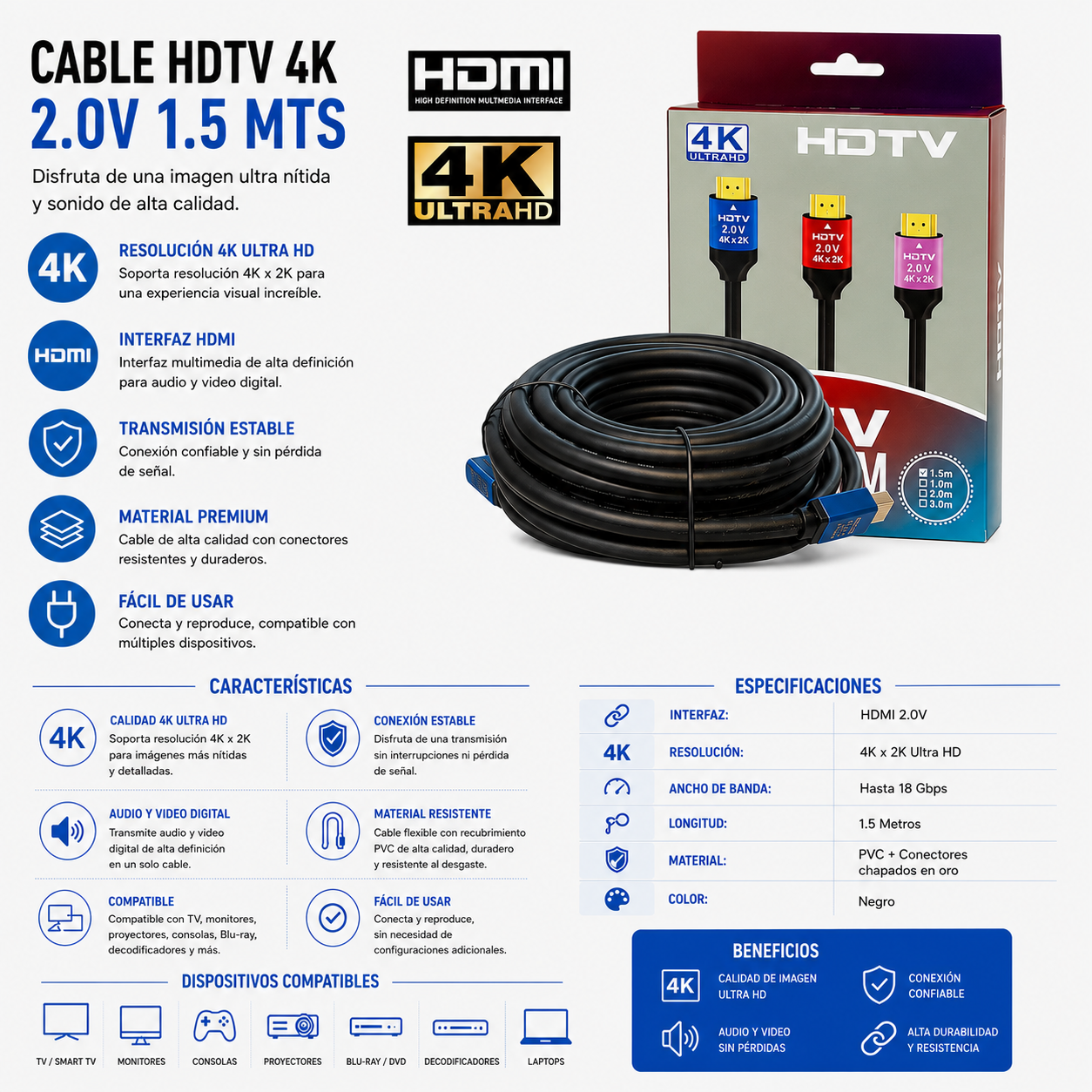 CABLE HDTV 4K HDMI 2.0V – 1.5 Metros
