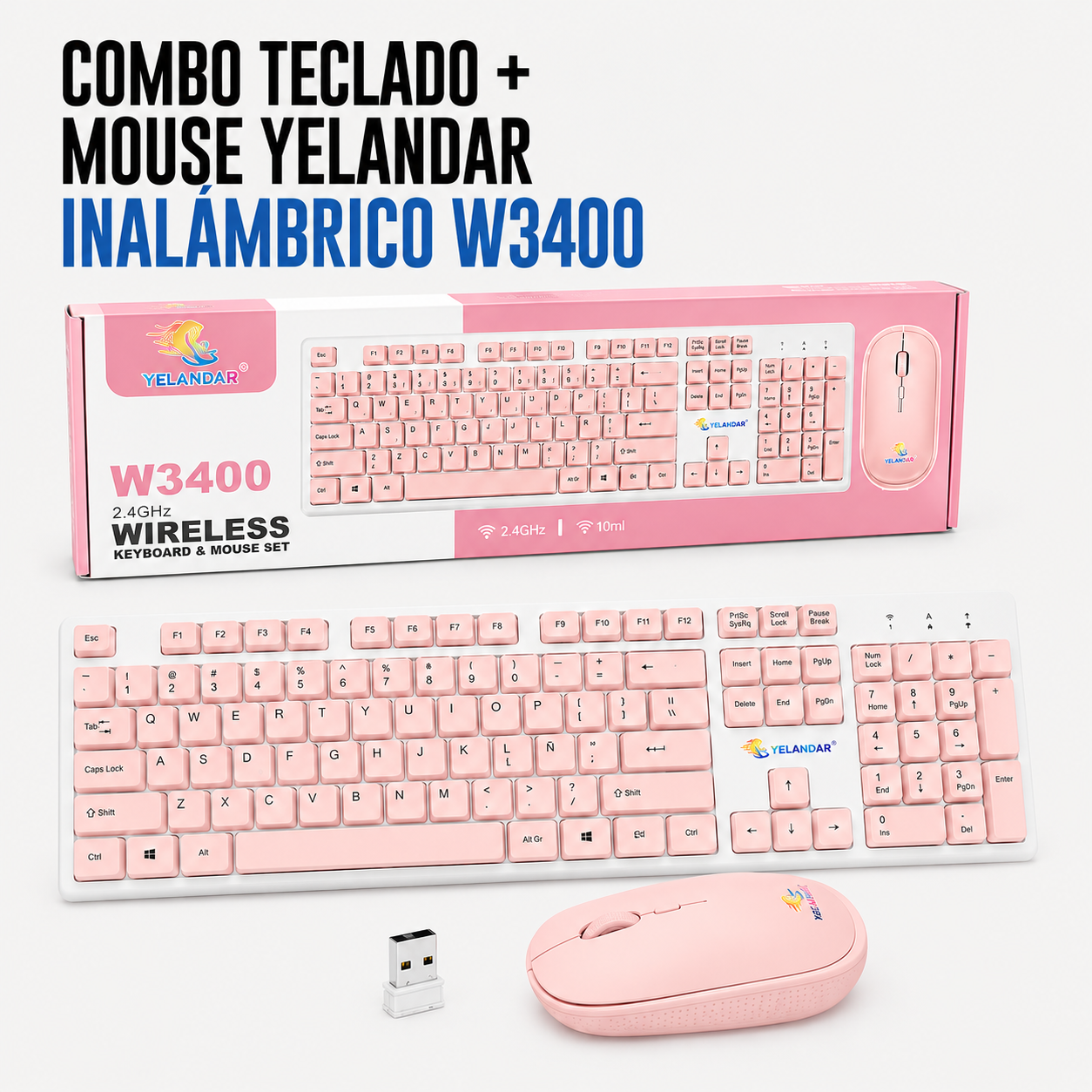 Combo Teclado + Mouse Inalámbrico Yelandar W3400 – Rosado