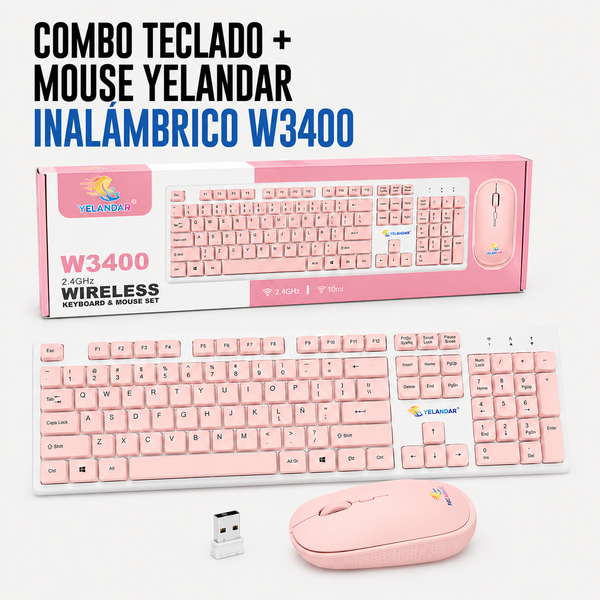Combo Teclado + Mouse Inalámbrico Yelandar W3400 – Rosado