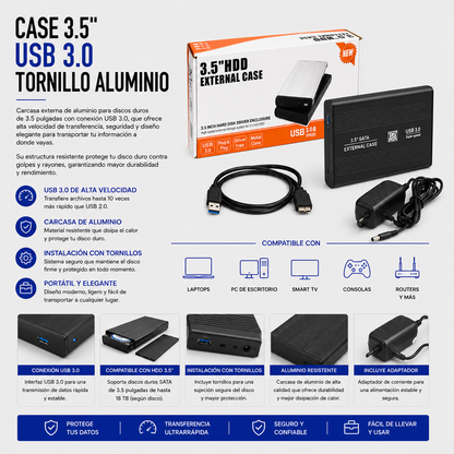 Case para Disco Duro Externo 3.5" USB 3.0 de Aluminio con Tornillos