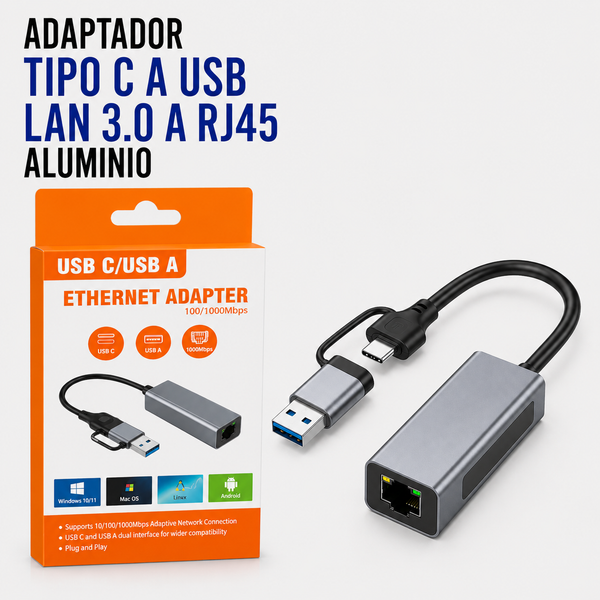 Adaptador USB Tipo-C / USB 3.0 a LAN RJ45 Gigabit de Aluminio