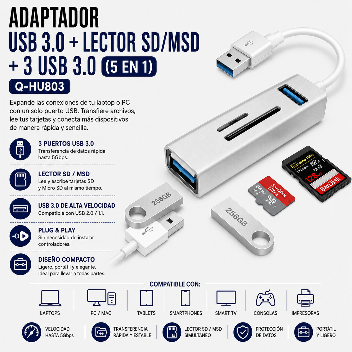 ADAPTADOR USB 3.0 + LECTOR SD/MSD + 3 USB 3.0 (5 EN 1) Q-HU803