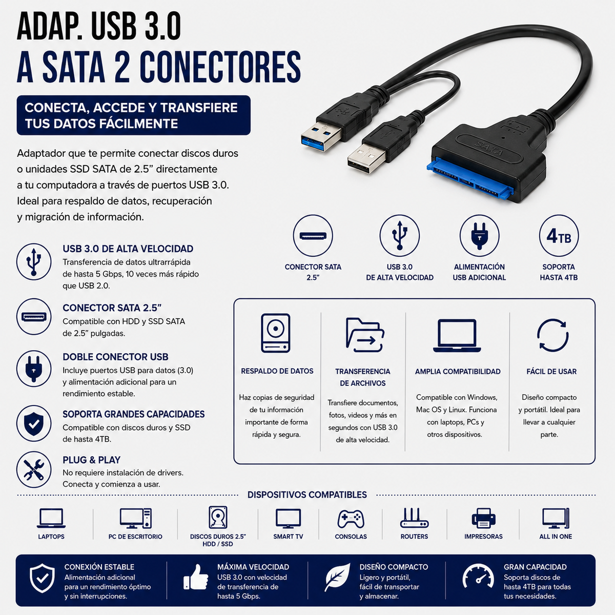 Adaptador USB 3.0 a SATA – 2 Conectores USB