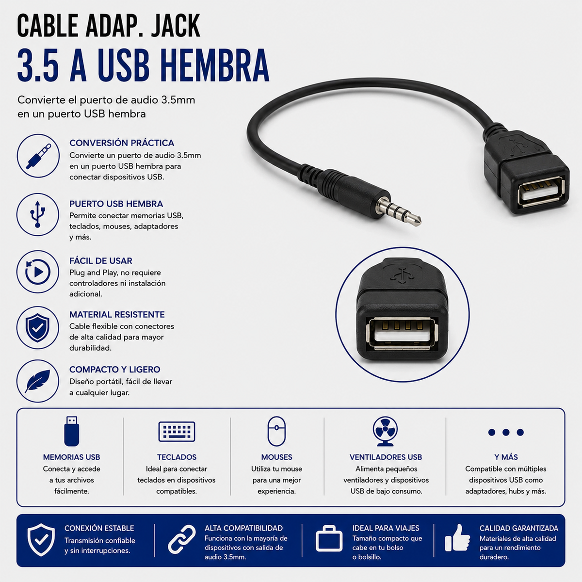 Cable Adaptador Jack 3.5 mm a USB Hembra