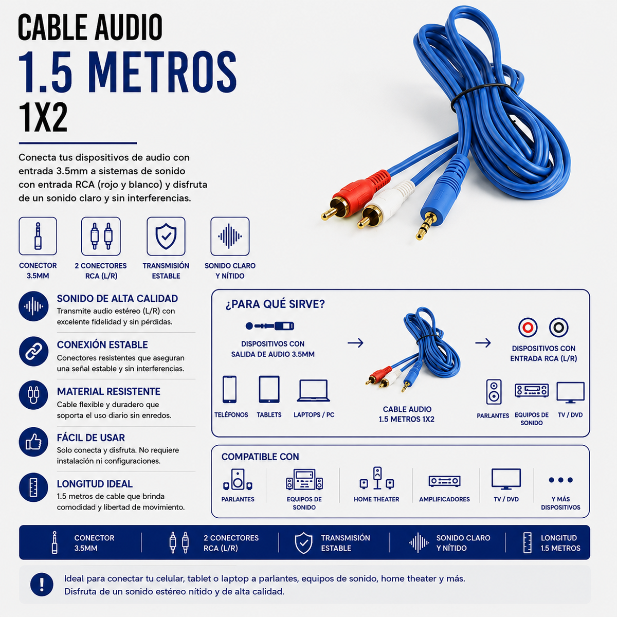 Cable de Audio 3.5 mm a 2 RCA – 1.5 Metros