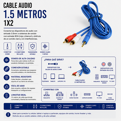 Cable de Audio 3.5 mm a 2 RCA – 1.5 Metros