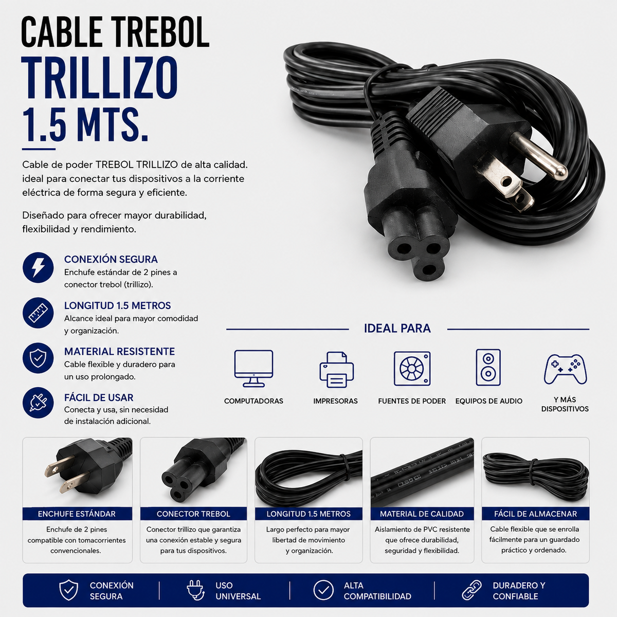CABLE DE PODER TIPO TREBOL 3 HILOS 1.5Mts