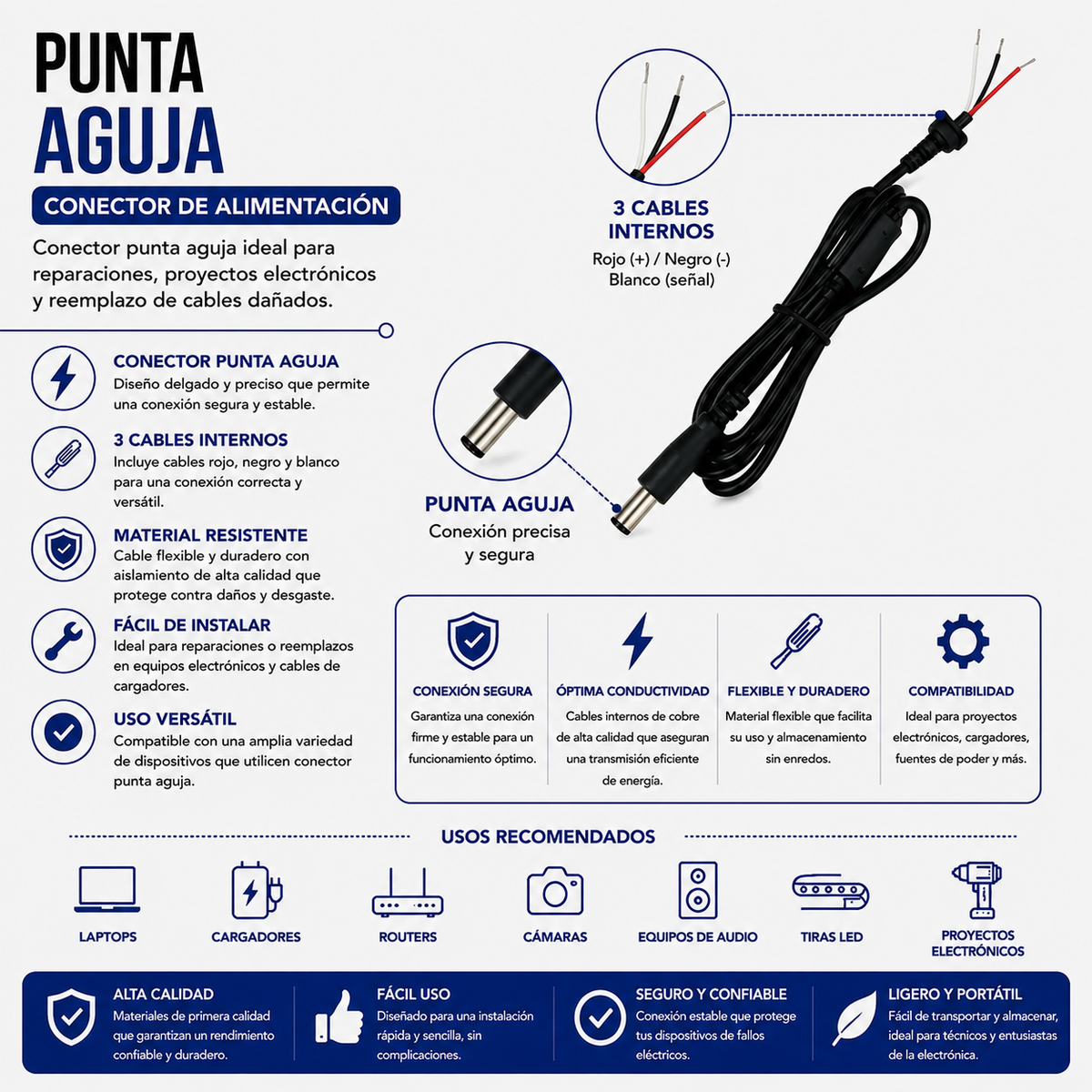 Cable de Repuesto con Punta Aguja para Cargador de Laptop