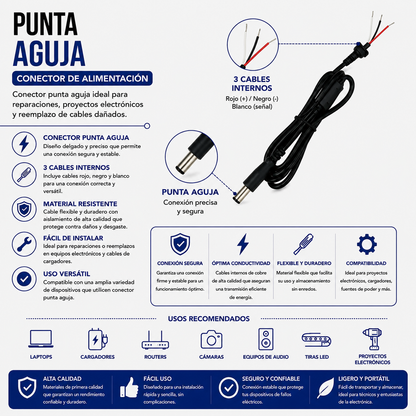 Cable de Repuesto con Punta Aguja para Cargador de Laptop