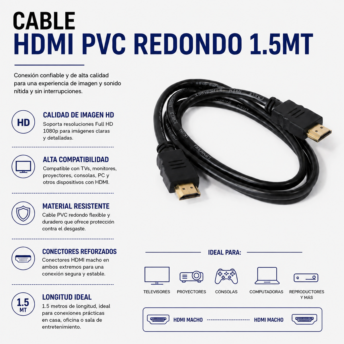 CABLE HDMI PVC REDONDO 1.5 METROS