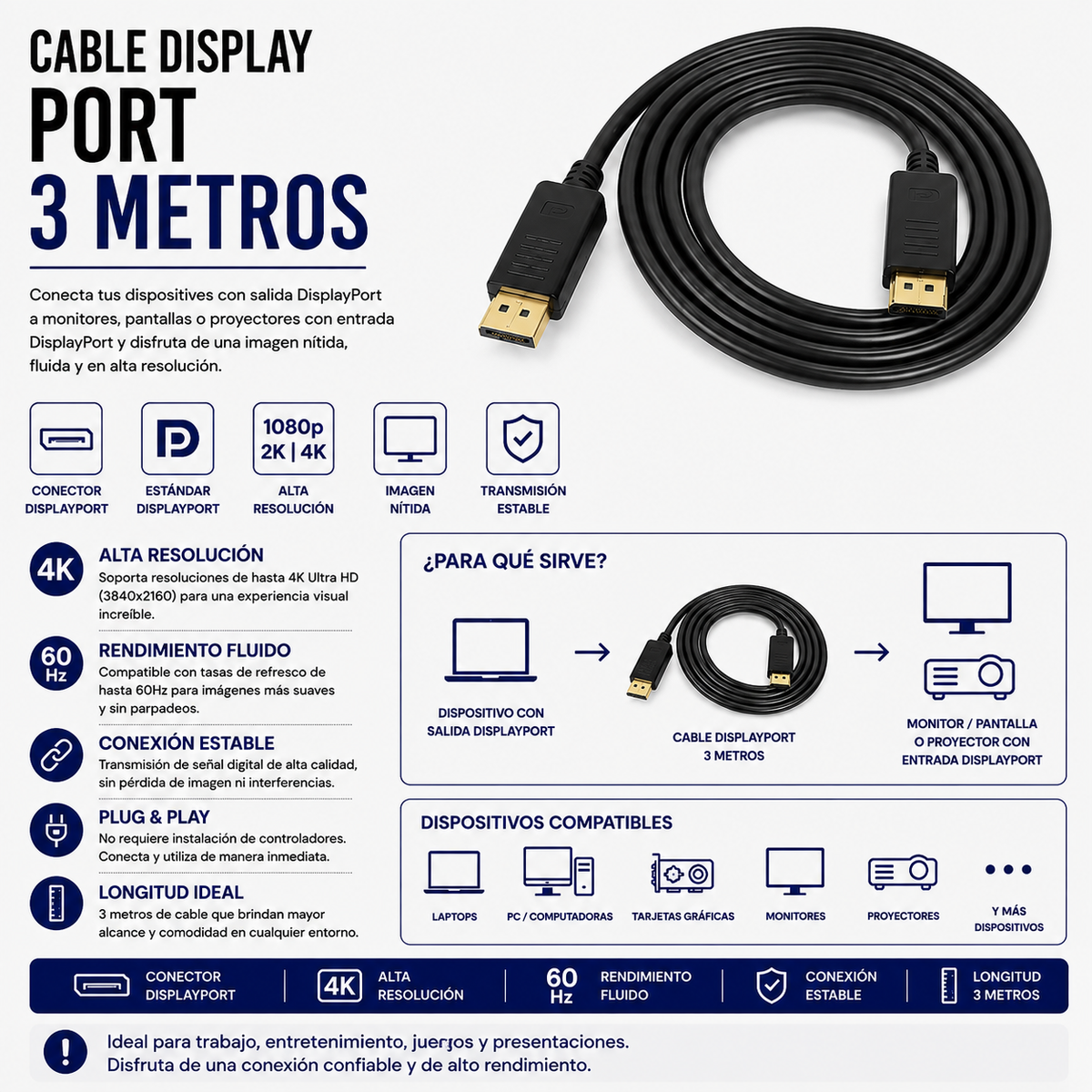 Cable DisplayPort 3 Metros