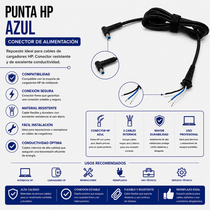 Cable de Repuesto con Punta HP Azul para Cargador de Laptop