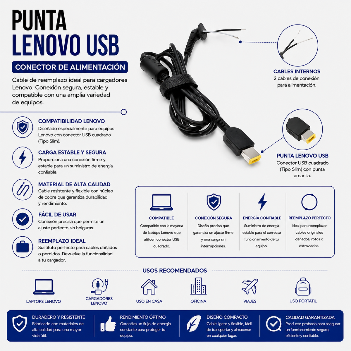 Cable de Repuesto con Punta Lenovo USB (Slim Tip) para Cargador de Laptop