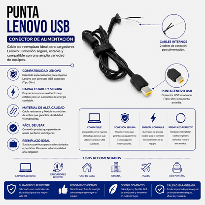 Cable de Repuesto con Punta Lenovo USB (Slim Tip) para Cargador de Laptop