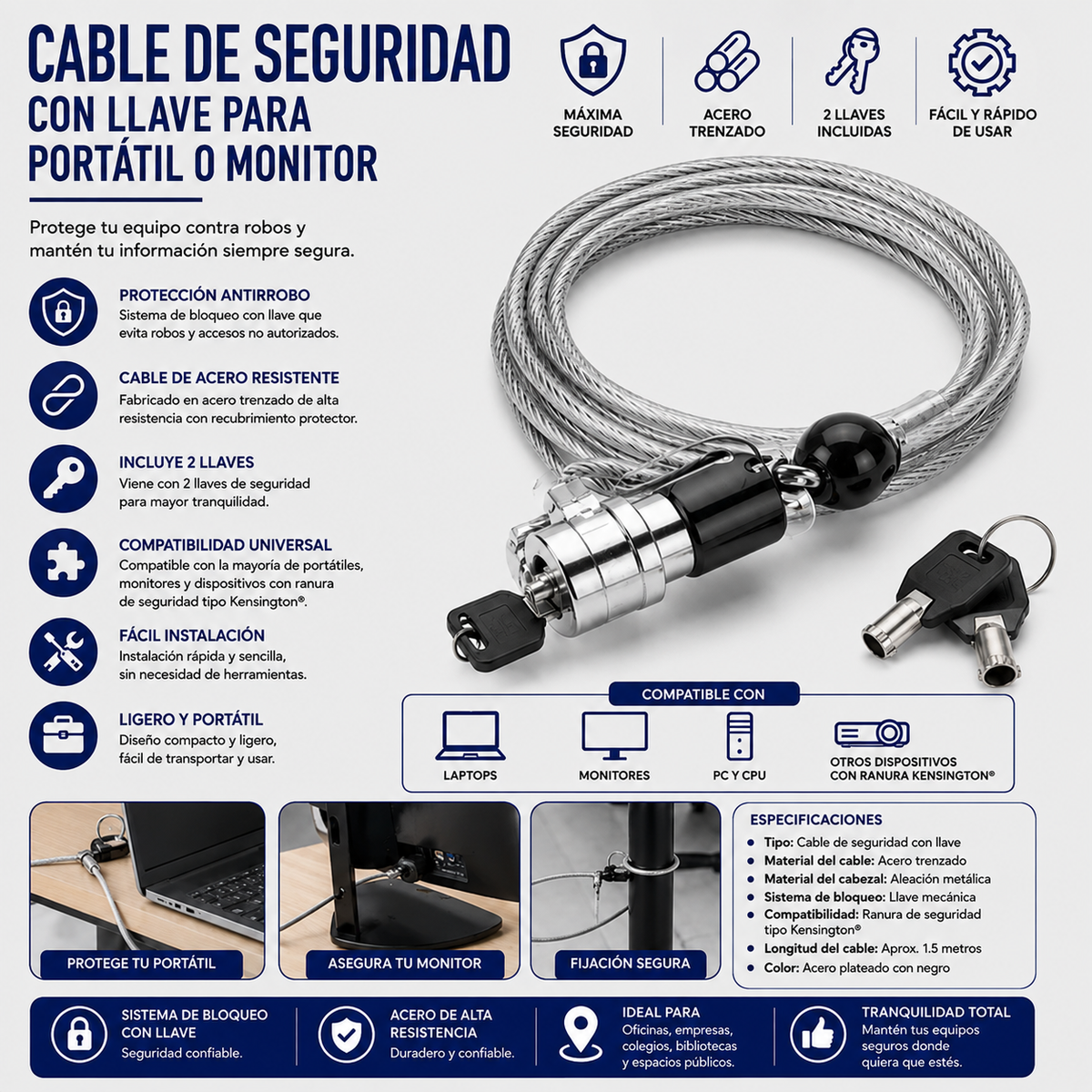 CABLE DE SEGURIDAD CON LLAVE PARA PORTATIL O MONITOR