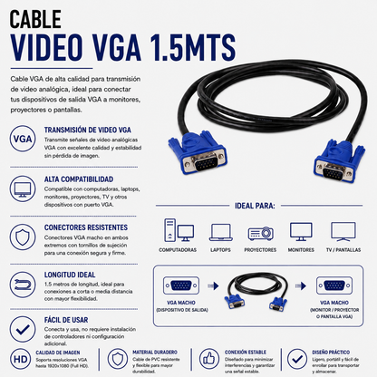 CABLE DE VIDEO VGA 1.5 Metros