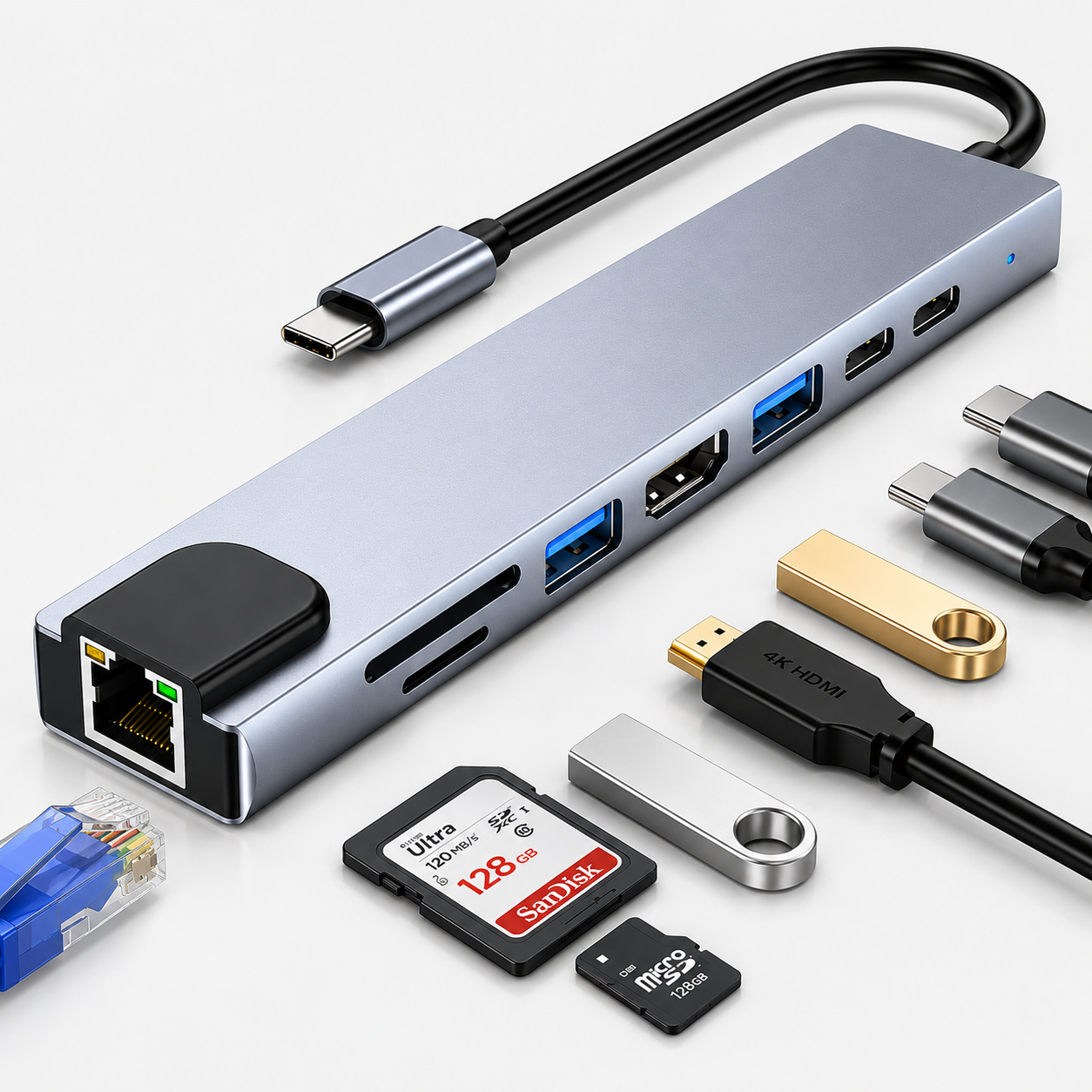 ADAPTADOR TIPO C A LAN + 2 USB 3.0 + MICRO SD + HDMI + TIPO C X2 (8 EN 1)