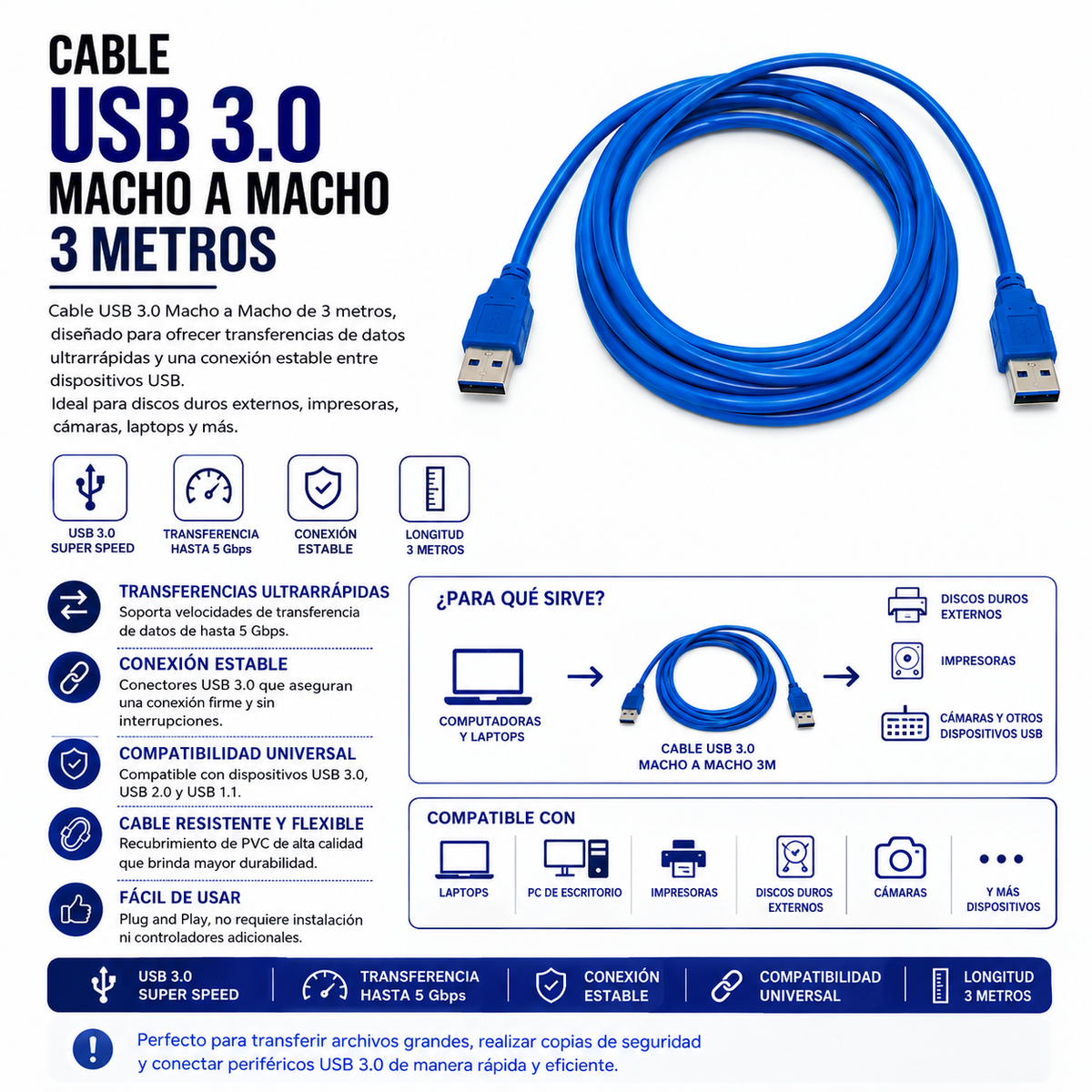 Cable USB 3.0 Macho a Macho – 3 Metros