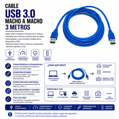 Cable USB 3.0 Macho a Macho – 3 Metros