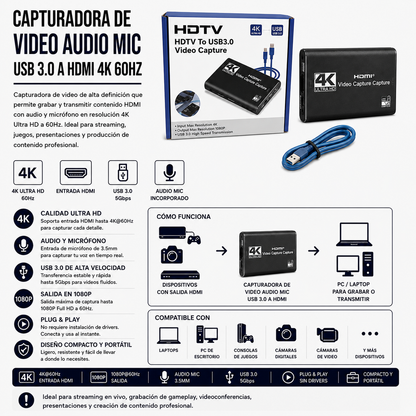 Capturadora de Video HDMI a USB 3.0 4K UHD con Entrada de Micrófono