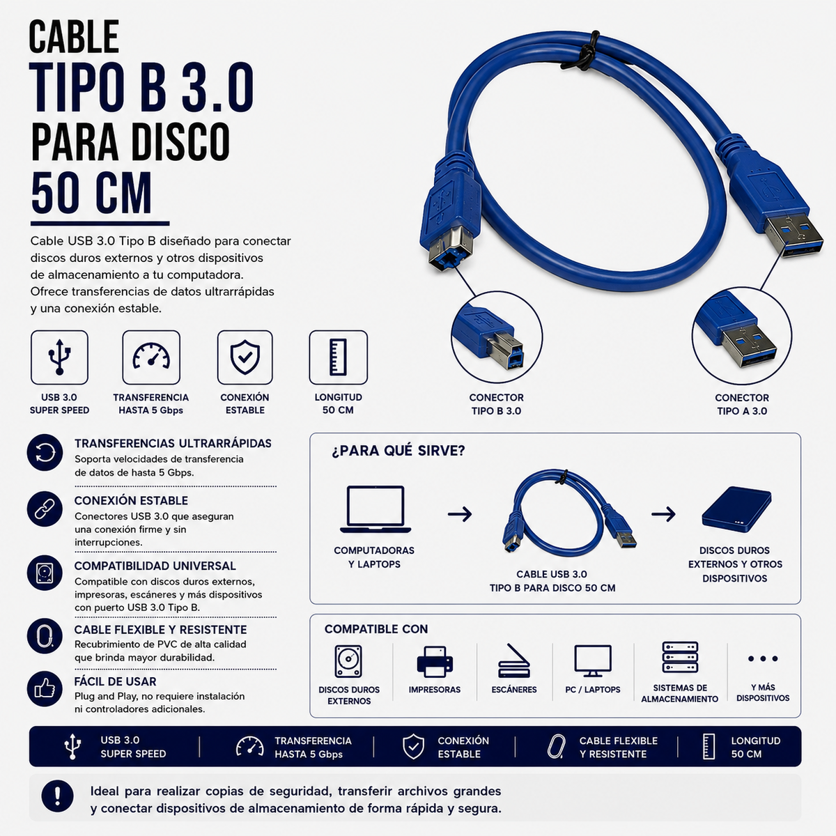 Cable USB 3.0 Tipo-A a Tipo-B para Disco Duro Externo – 50 cm
