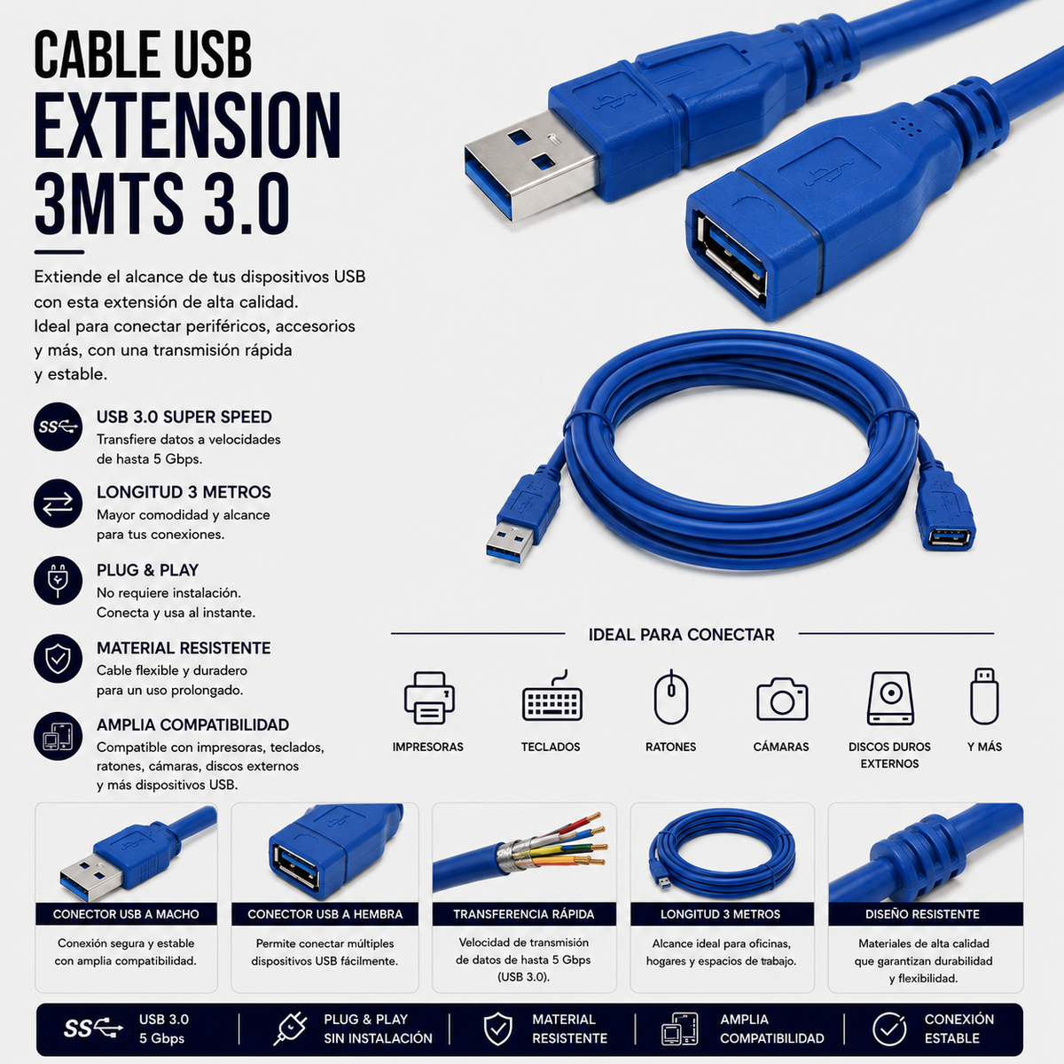 Cable USB Extensión 3 Metros USB 3.0