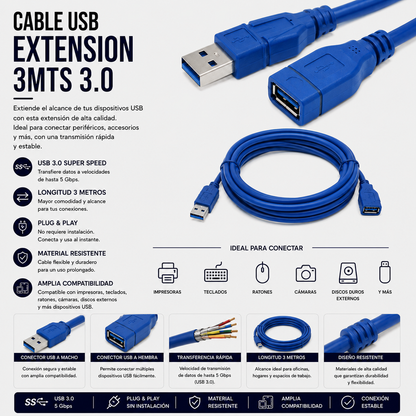 Cable USB Extensión 3 Metros USB 3.0