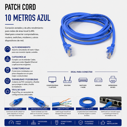 Cable Patch Cord CAT.6 10 Metros Azul