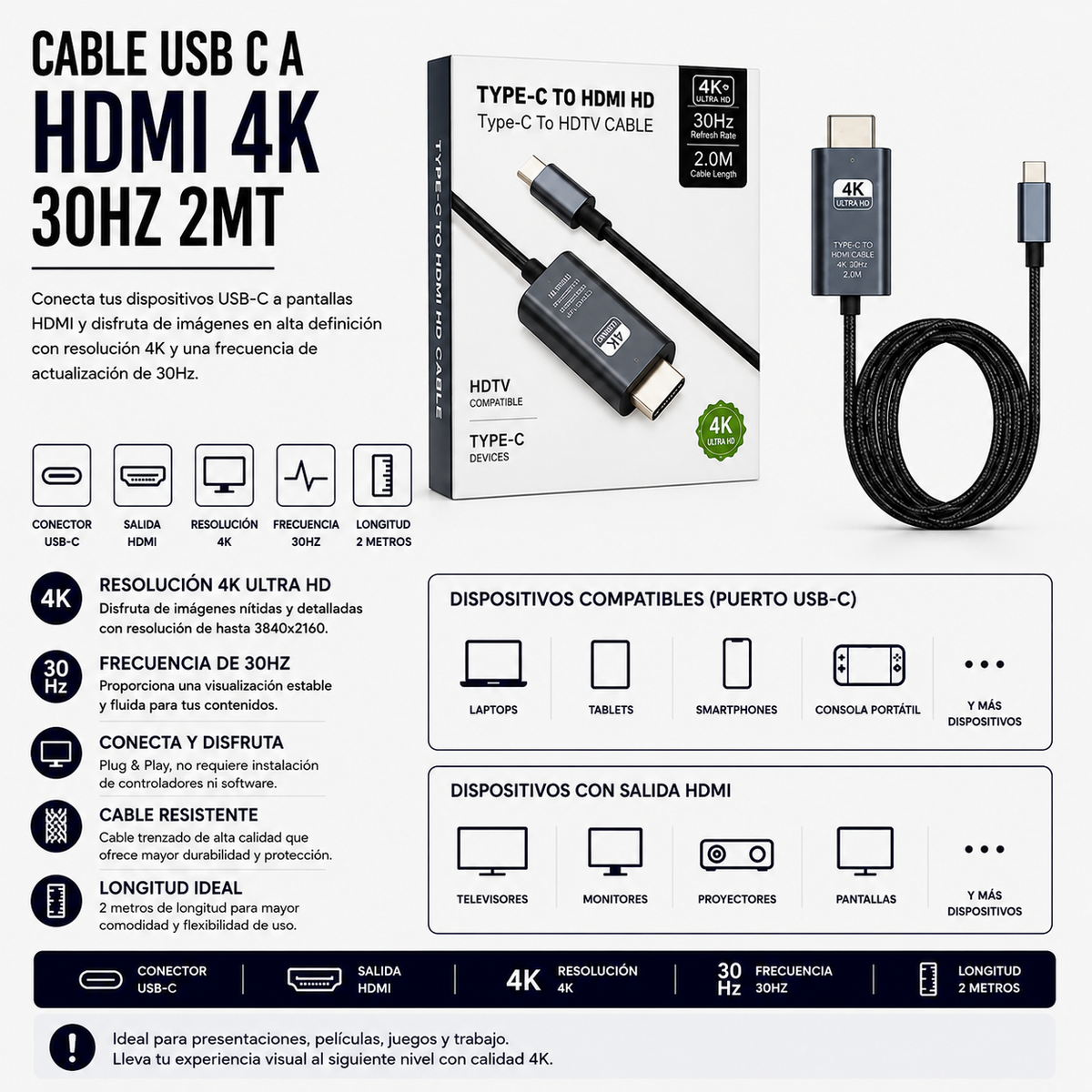 Cable USB Tipo-C a HDMI 4K 30Hz – 2 Metros