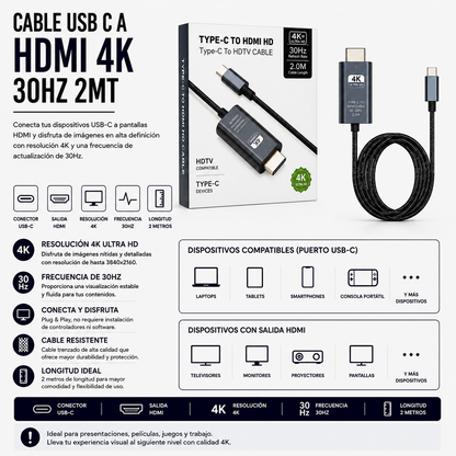 Cable USB Tipo-C a HDMI 4K 30Hz – 2 Metros